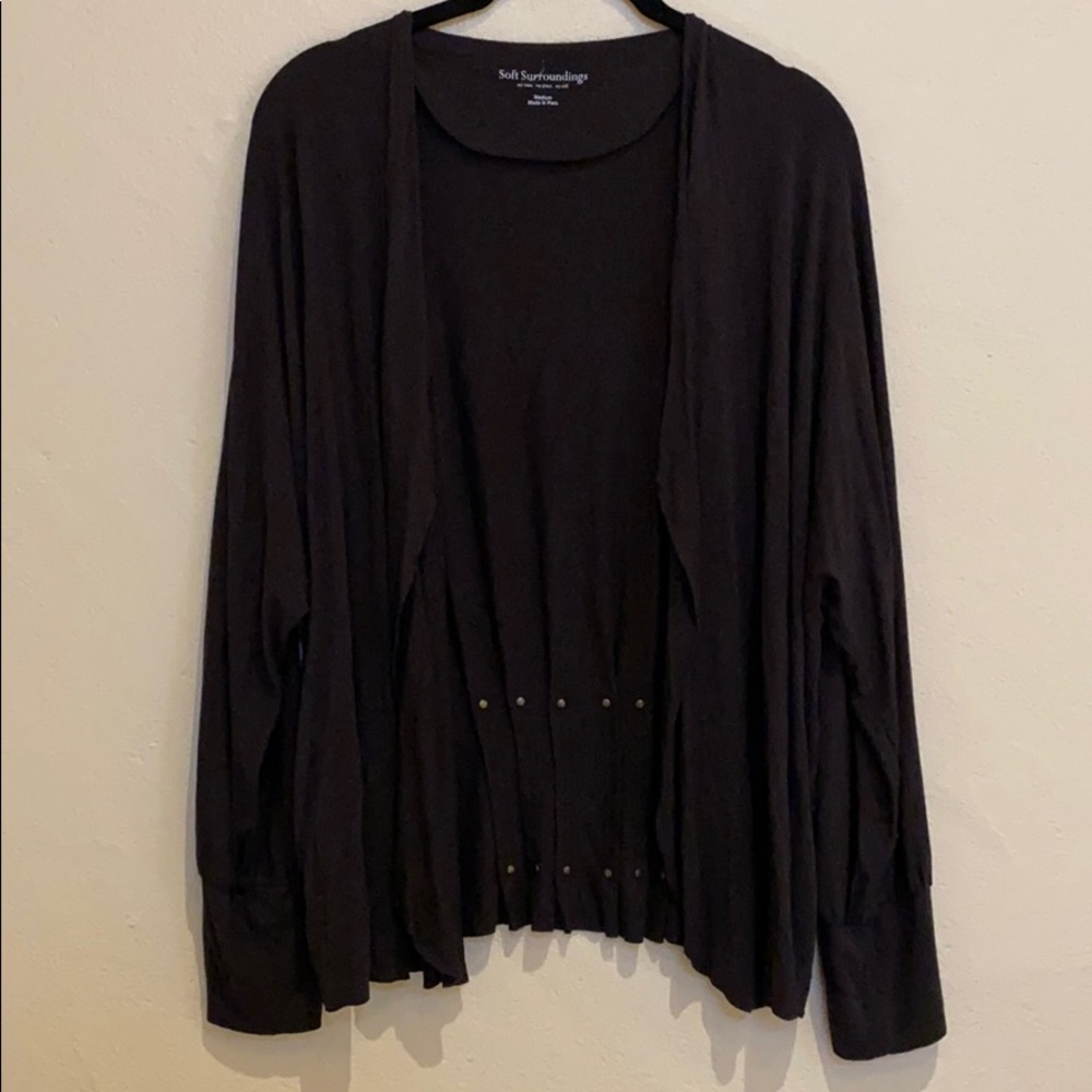 Black cardigan with pleats and brass accents